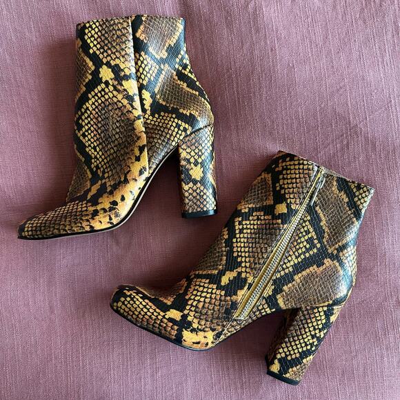 Steve Madden | Size 6.5 Pixie Yellow Snake Skin Mid-Calf Booties Block Heel - Picture 5 of 16